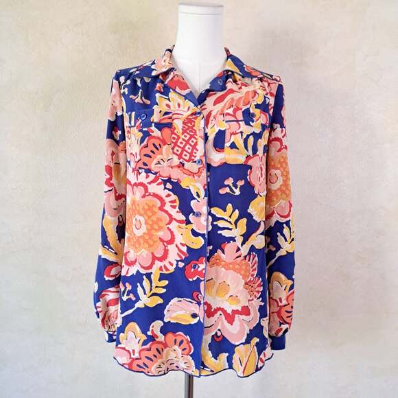 Tory Burch Tops - Tory Burch Silk Floral Roll Tab Blouse Top Size 4 Blue Pink Button Front